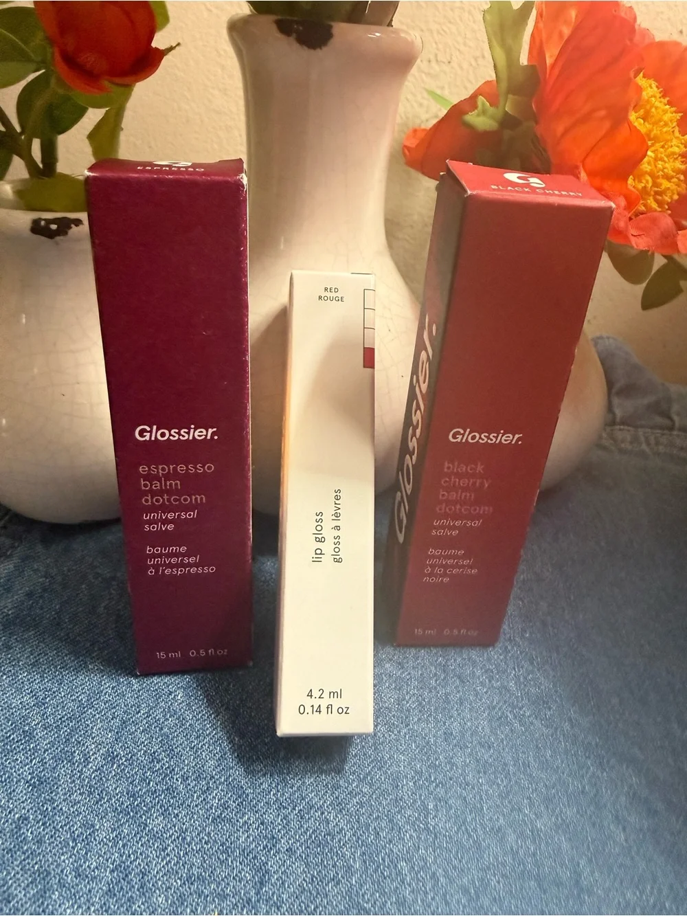 GLOSSIER 3pack!!!! Red Rouge Lip Gloss & Balm Dotcom Duo: Espresso&Black Cherry